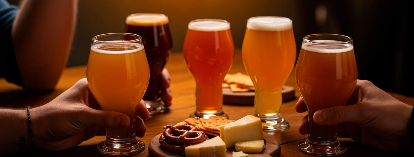 beer tasting with glasses and snacks